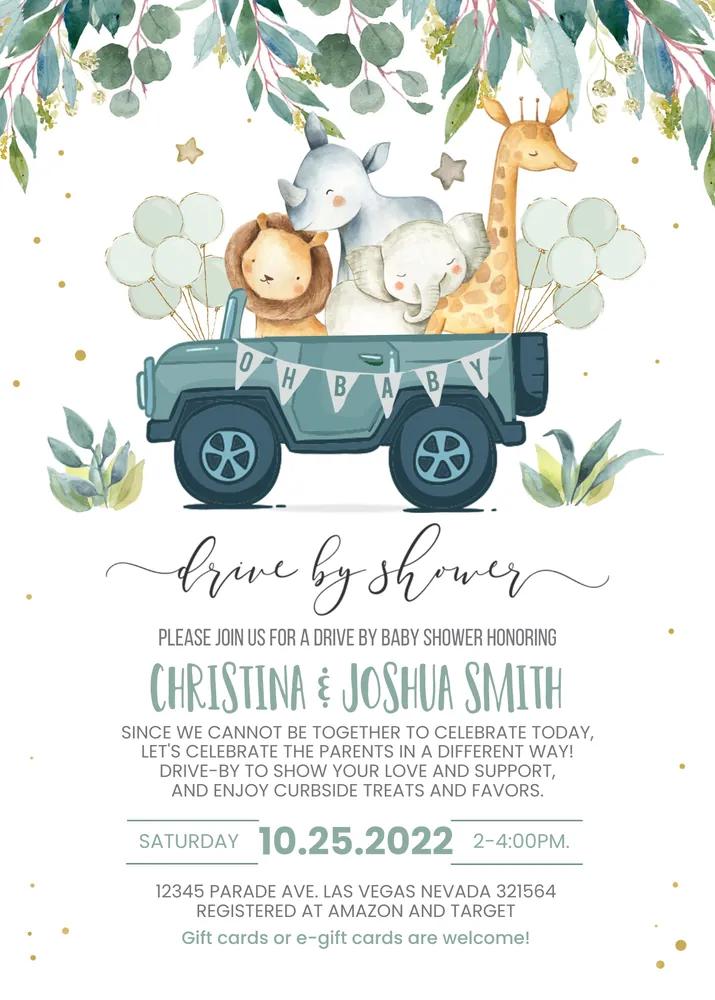 Safari Drive By Baby Shower Invitation - Editable Canva Template