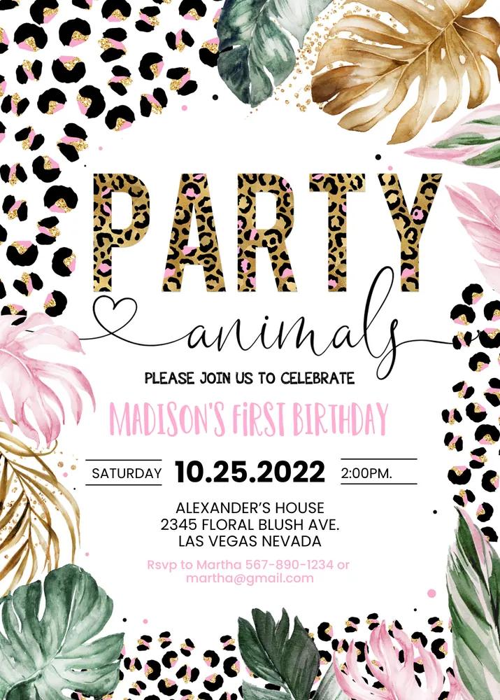 Leopard Print Party Animals Birthday Invitation | Editable Canva Template