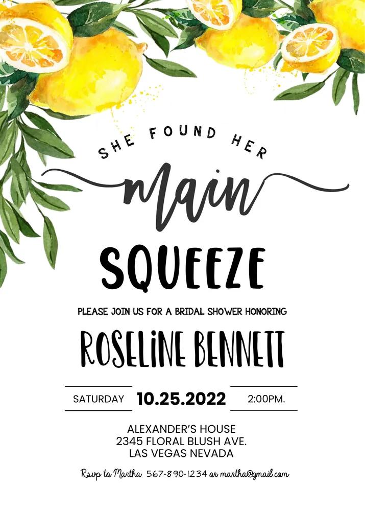 She Found Her Main Squeeze Bridal Shower Invitation | Lemon Canva Template