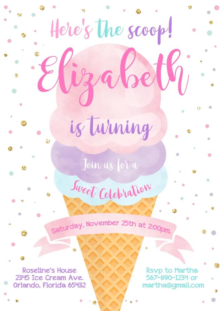 Ice Cream 1st Birthday Invitation | Editable Canva Template Scoop Party Pink Gold