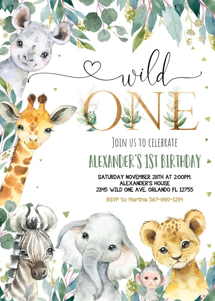 Safari Birthday Invitation | Wild One 1st Birthday Canva Template | Gold Jungle