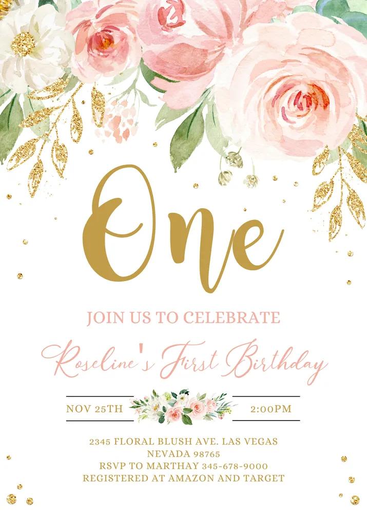 Boho Blush Pink Floral Girl 1st Birthday Invitation Canva Template
