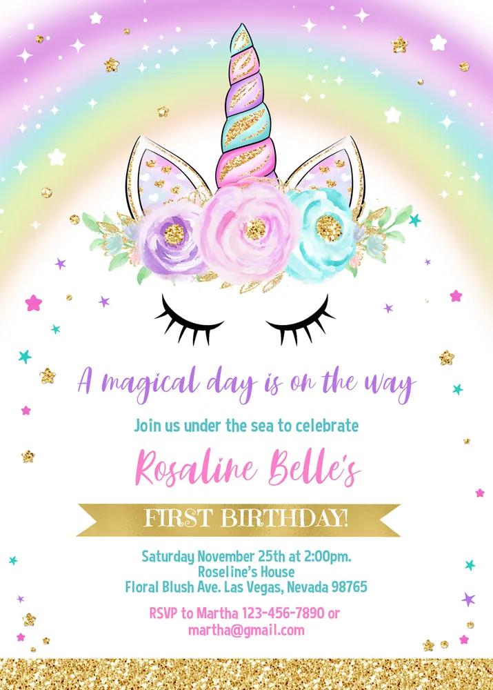Editable Unicorn Birthday Invitation Template, Rainbow & Gold Magical Party Invite