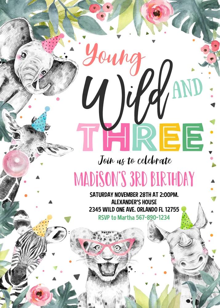 Young Wild and Three Girl Birthday Invitation | Pink Gold Safari Canva Template