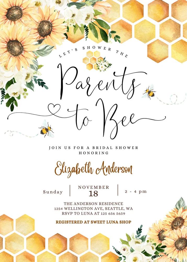 Sunflower Bee Parents to Bee Baby Shower Invite, Neutral Canva Template