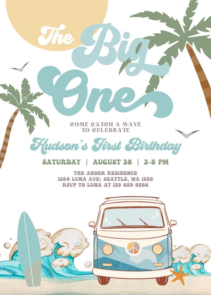 The Big One Surfing 1st Birthday Invitation | Retro Surf Van Canva Template