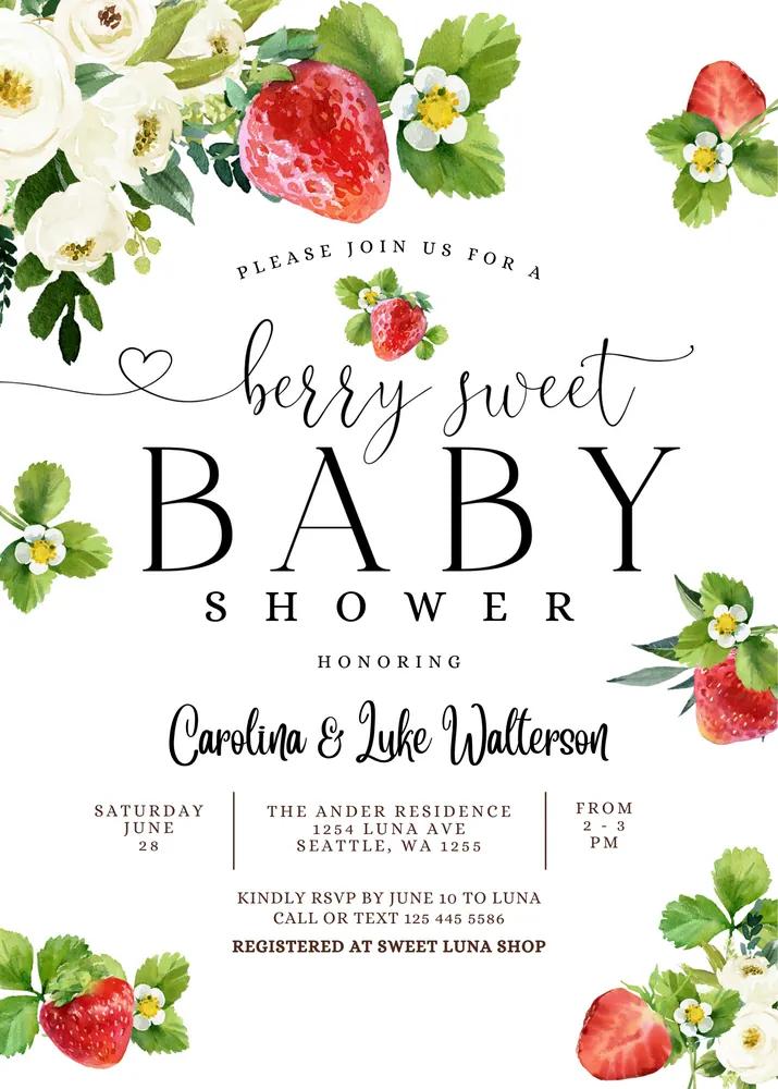 Strawberry Baby Shower Invitation | Berry Sweet Editable Canva Template