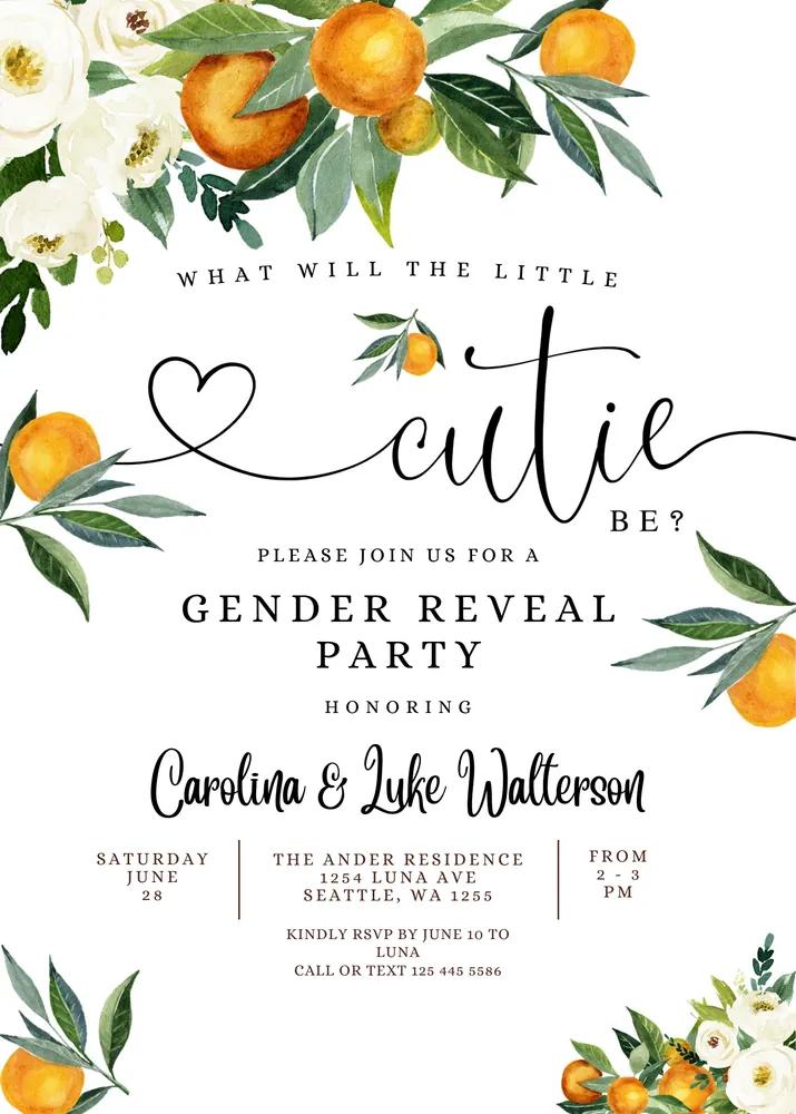 Orange Gender Reveal Invitation | Little Cutie Citrus Canva Template