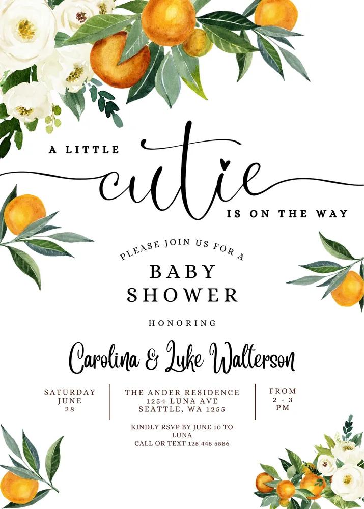 Little Cutie Baby Shower Invitation | Greenery Orange Gender Neutral Canva