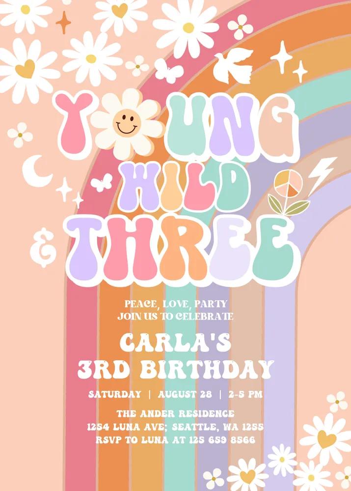 Young Wild and Three Invite | Daisy Groovy Retro 3rd Birthday Canva Template