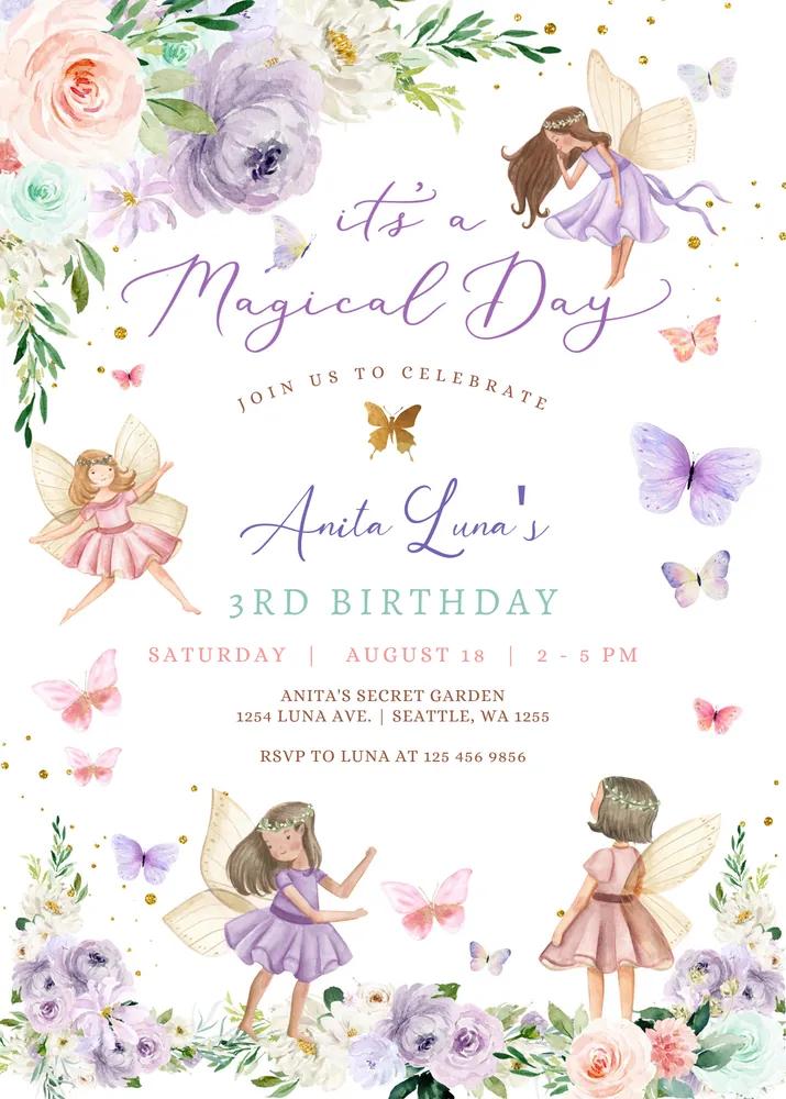 Purple Pink Fairy Birthday Invitation | Editable Canva Template Butterfly Invite