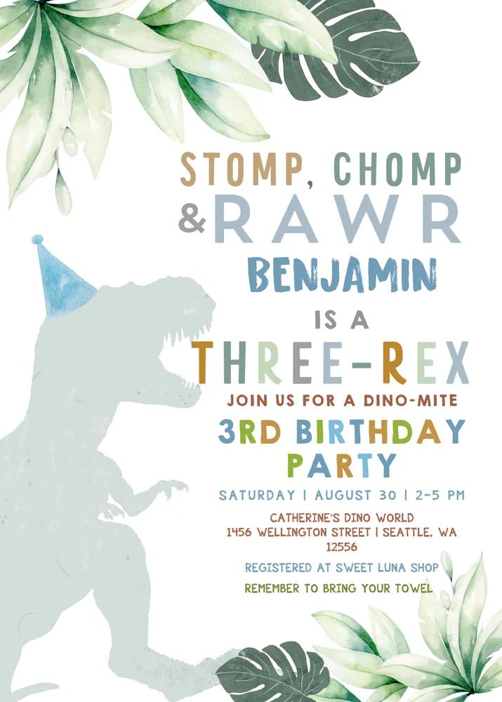 3rd Birthday Boy Three Rex Invitation, Editable Dinosaur T-Rex Canva Template