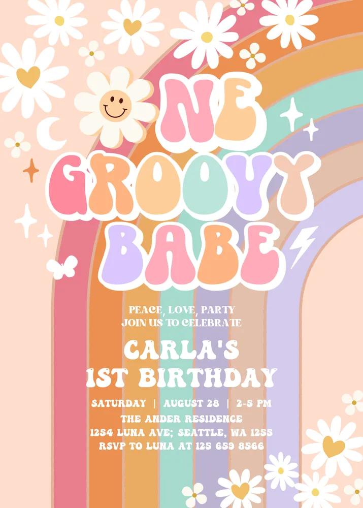 Groovy One Birthday Invite | Daisy Rainbow Hippie Retro 1st Birthday Canva