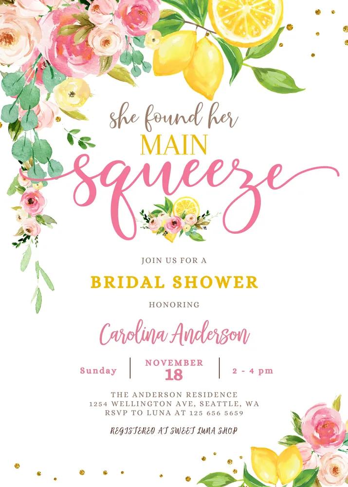 Lemon Bridal Shower Invitation Pink Floral Main Squeeze Canva Template