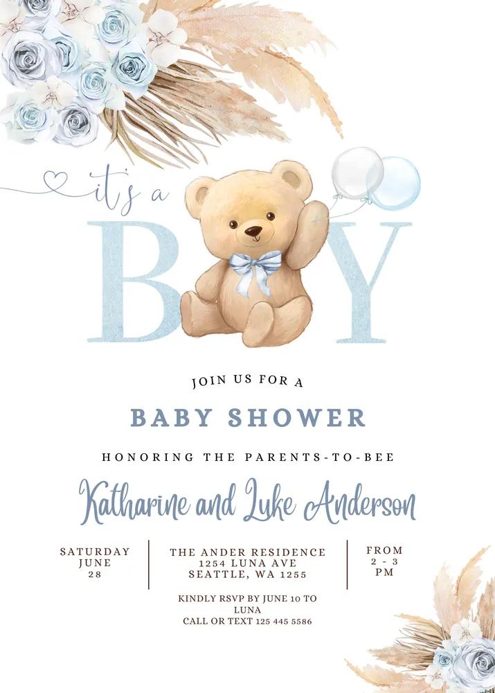 Blue Teddy Bear Baby Shower Invite | Pampas Grass Canva Template