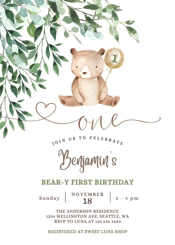 Greenery Teddy Bear 1st Birthday Invitation | Boy Beary First Canva Template