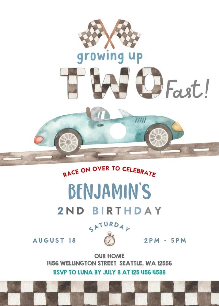 Two Fast Birthday Invitation | Race Car 2nd Birthday Canva Template