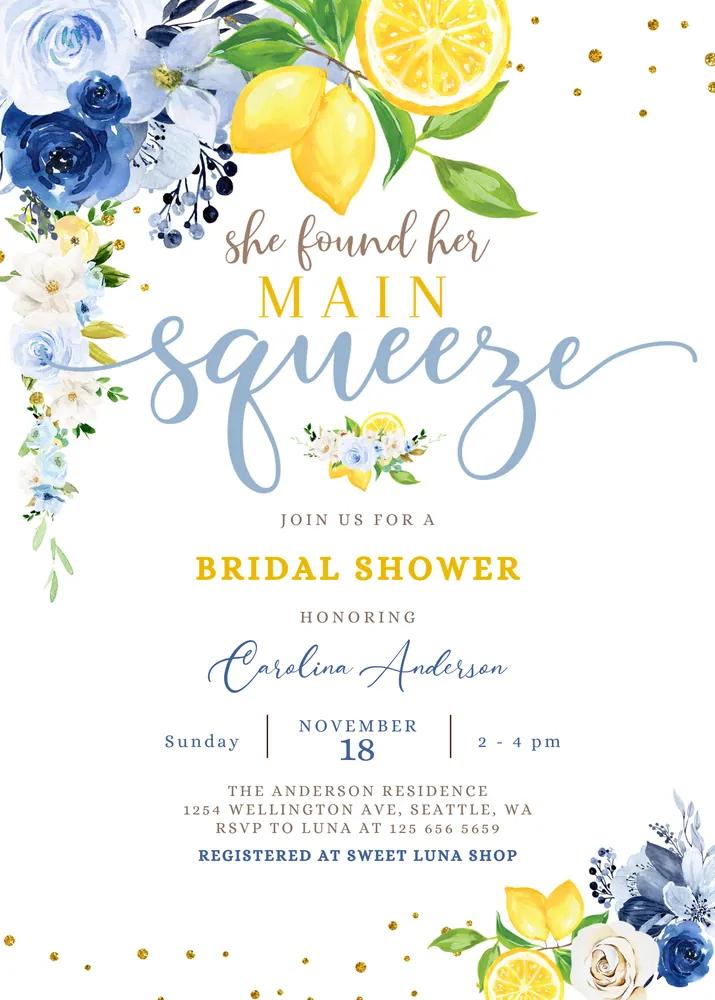 Blue Lemon Bridal Shower Invitation Canva Template Main Squeeze Floral Invite