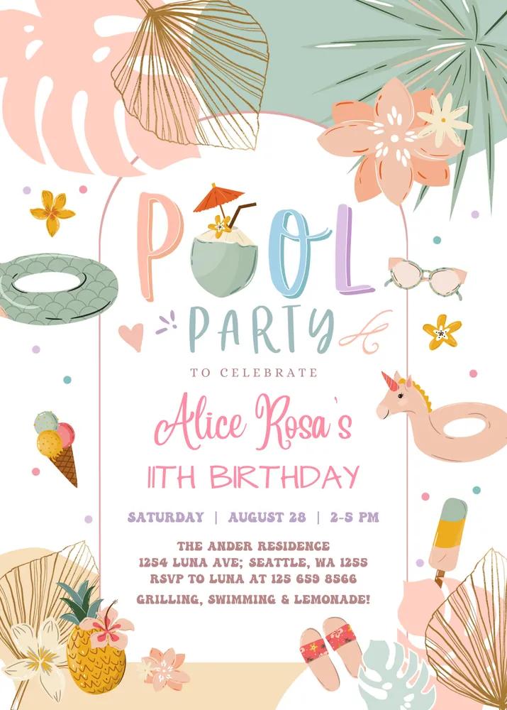 Tropical Pool Party Birthday Invitation Canva Template | Modern Chic Pool Invite
