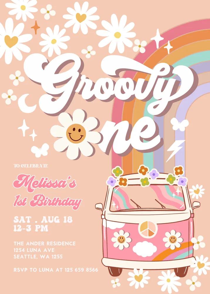 Pink Daisy Groovy Van 1st Birthday Invitation Canva Template Retro One Invite
