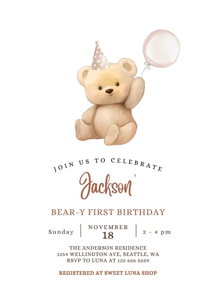 Brown Boy Teddy Bear Birthday Invitation Canva Template - Any Age 1st Birthday