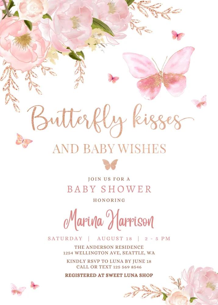 Pink Rose Gold Butterfly Kisses Baby Shower Invitation Canva Template