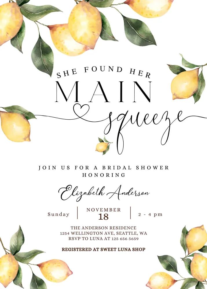 Rustic Lemon Bridal Shower Invitation Canva Template Main Squeeze Invite