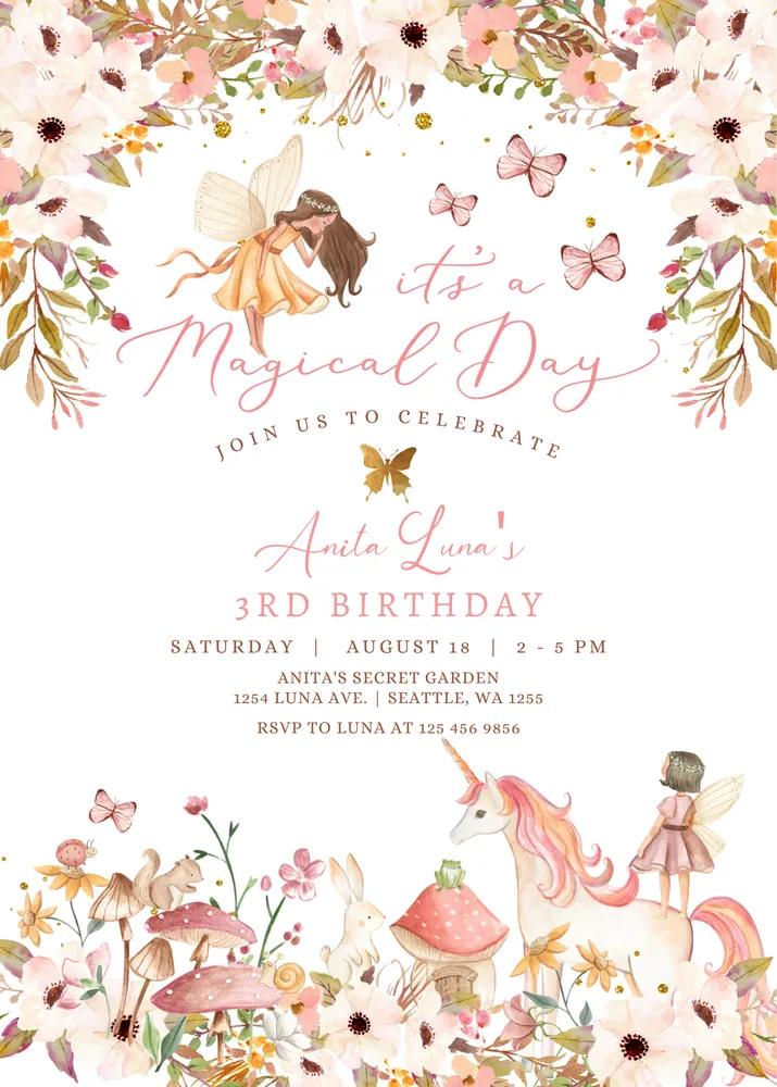 Enchanted Fairy Unicorn Birthday Invitation Template, Magical Garden Floral Invite