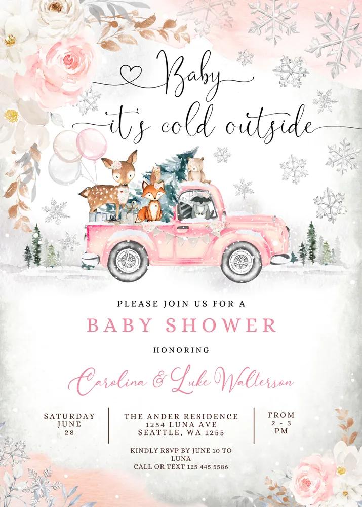 Pink Winter Woodland Baby Shower Invitation Girl Blush Deer Bear Canva Template