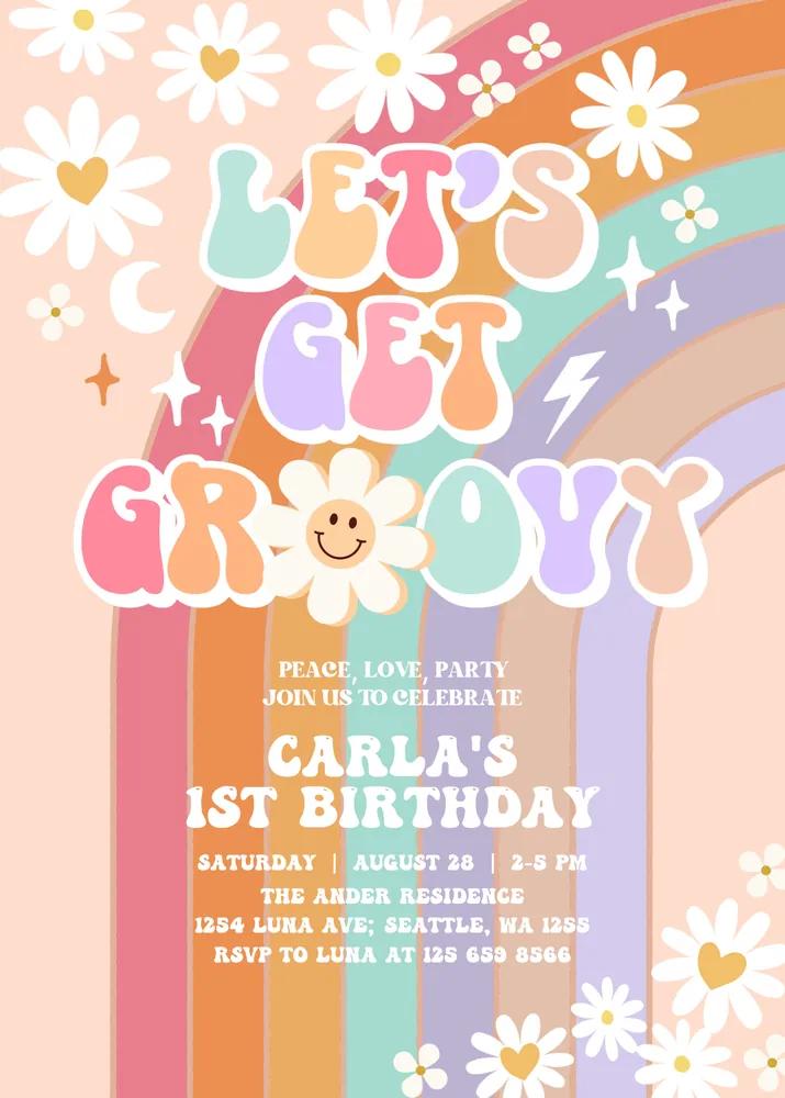 Editable Groovy 3rd Birthday Invitation - Daisy Retro Rainbow Canva Template