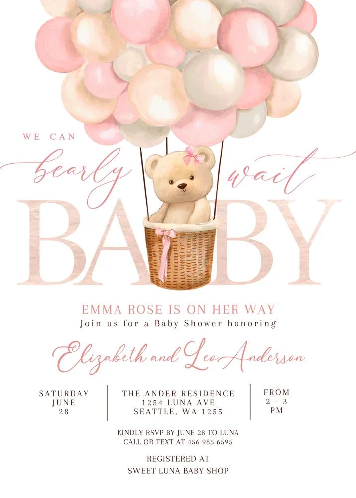 Girl Teddy Bear Hot Air Balloon Baby Shower Invitation Canva Template