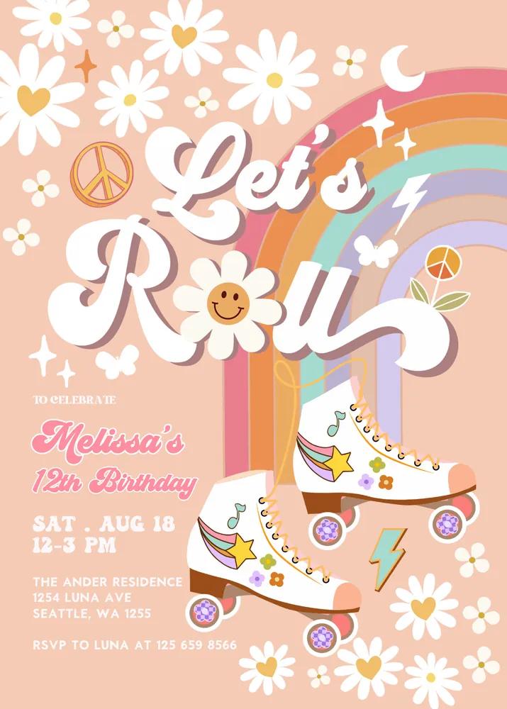 Editable Retro Roller Skate Birthday Invitation, Groovy Daisy Canva Template