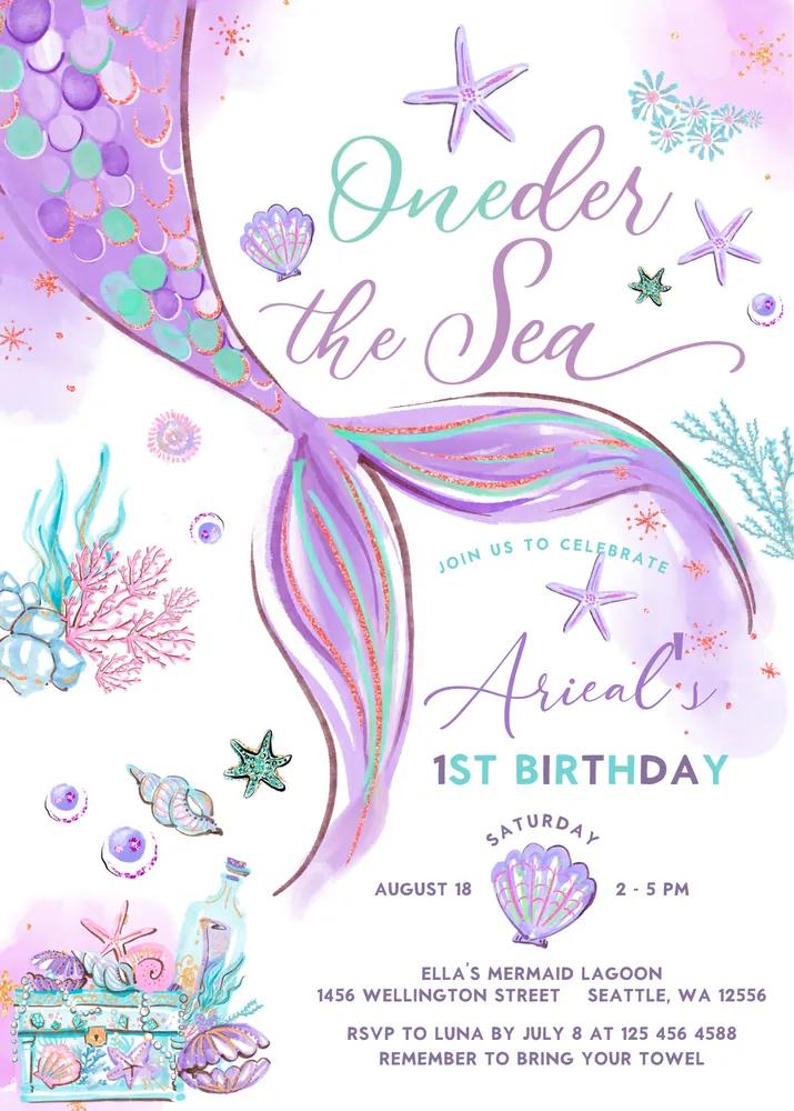 ONEder the Sea Mermaid 1st Birthday Invitation | Editable Canva Template