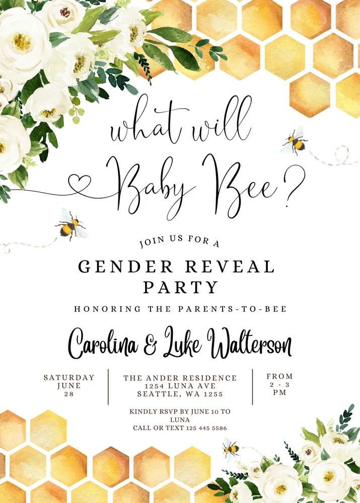 What Will Baby Bee Gender Reveal Invitation - Editable Canva Template