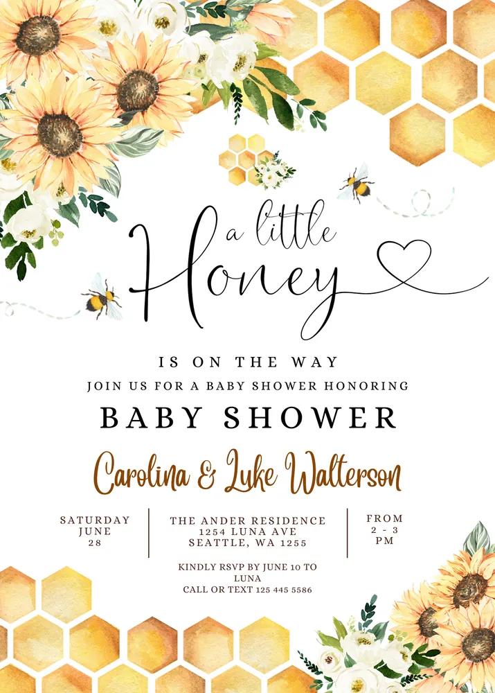Sunflower Bee A Little Honey Baby Shower Invitation Canva Template