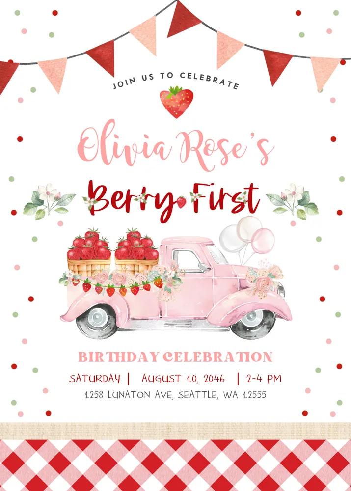 1st Berry First Birthday Invitation Canva Template, Strawberry Photo Invite