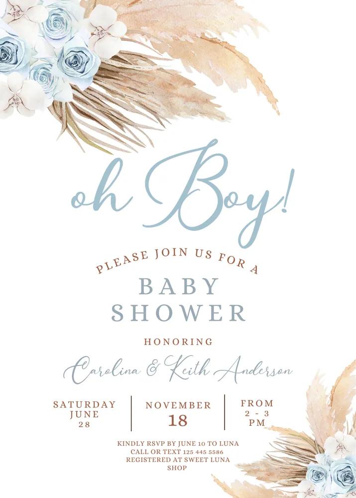 Blue Pampas Grass Boho Boy Baby Shower Invitation Canva Template