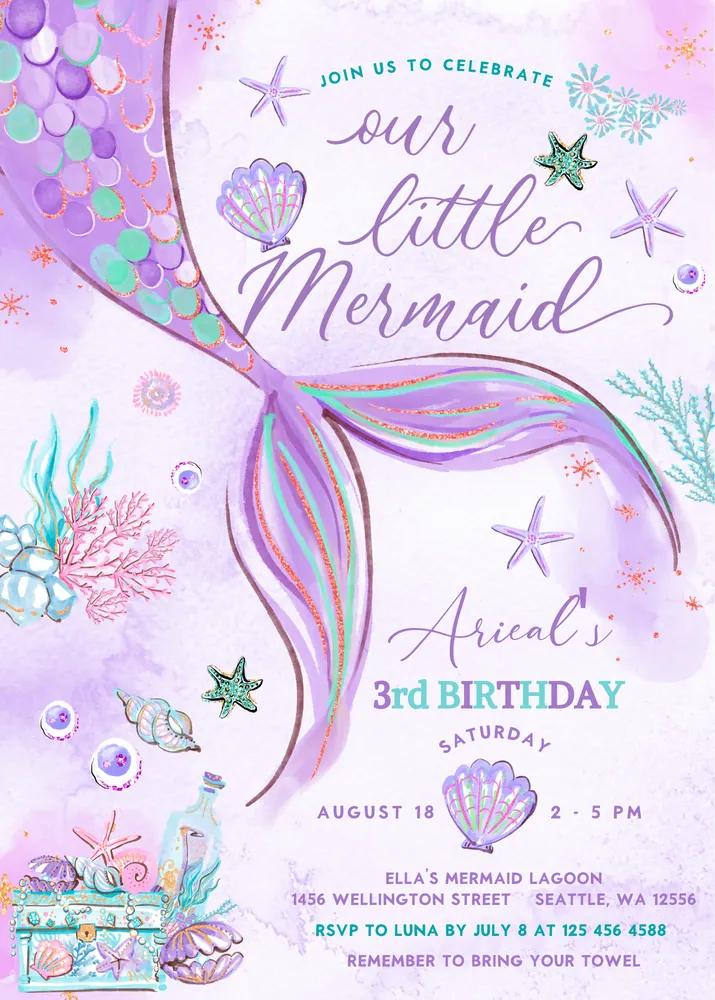 Editable Purple Teal Little Mermaid Birthday Invitation Template Canva