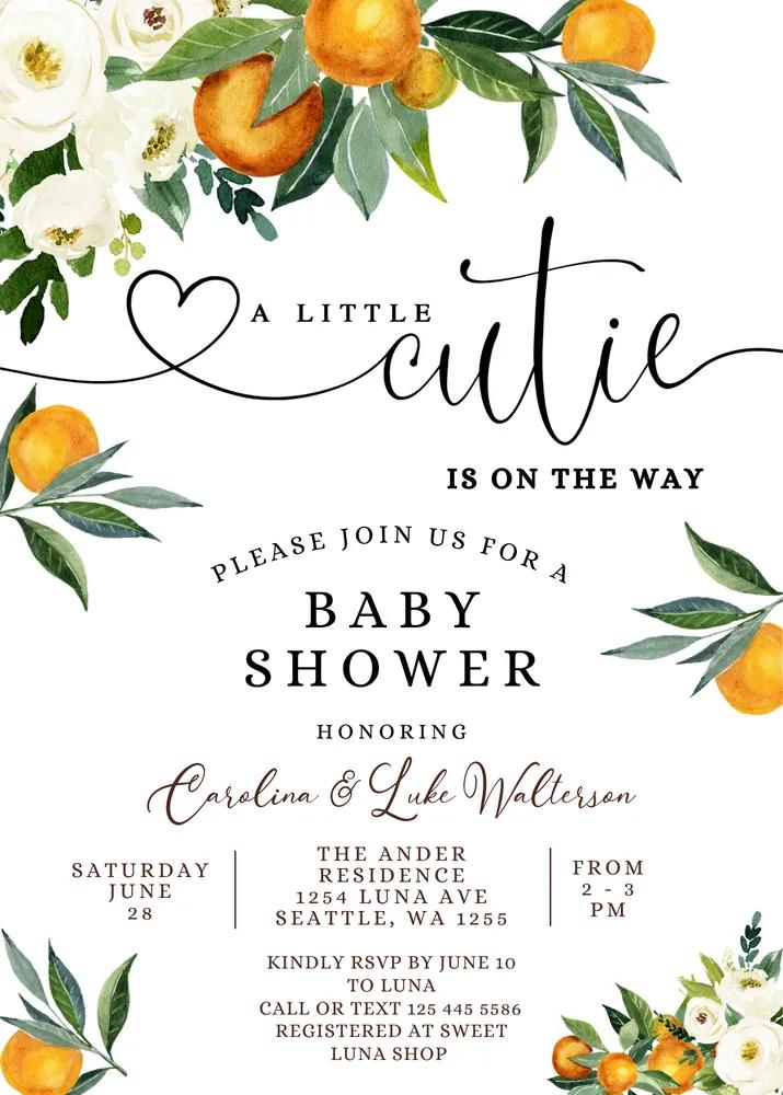 Little Cutie Baby Shower Invitation | Editable Canva Template Greenery Orange