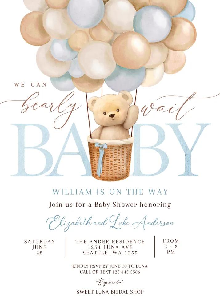 Teddy Bear Hot Air Balloon Baby Shower Invitation - Editable Canva Template