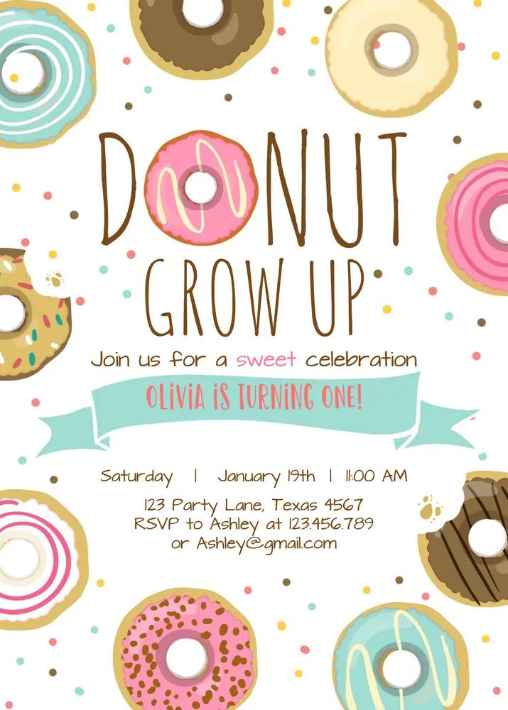 Donut Grow Up 1st Birthday Invitation | Editable Canva Pink Doughnut Invite