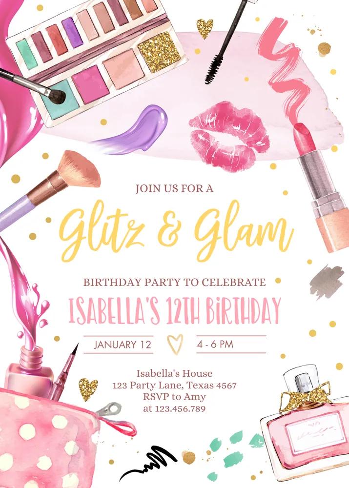 Glitz and Glam Spa Party Invitation - Pink Gold Makeup Birthday Canva Template