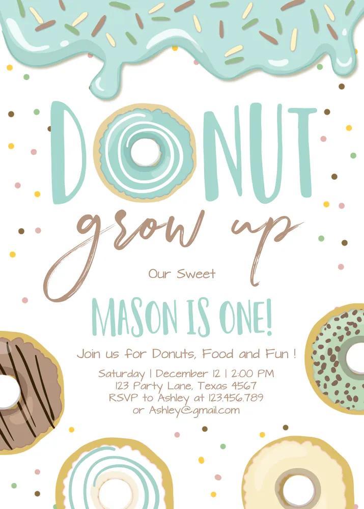 Donut Grow Up 1st Birthday Invitation | Editable Blue Boy Canva Template