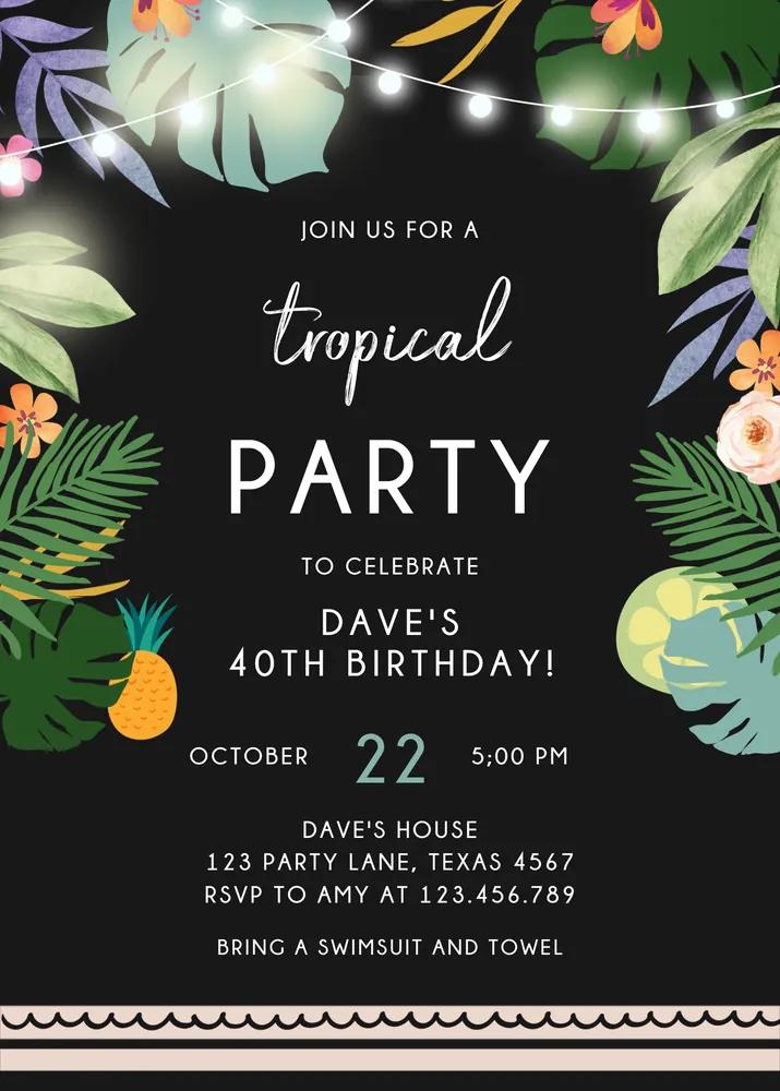 Tropical Birthday Invitation Canva Template | Hawaiian Palm Leaf Party Invite