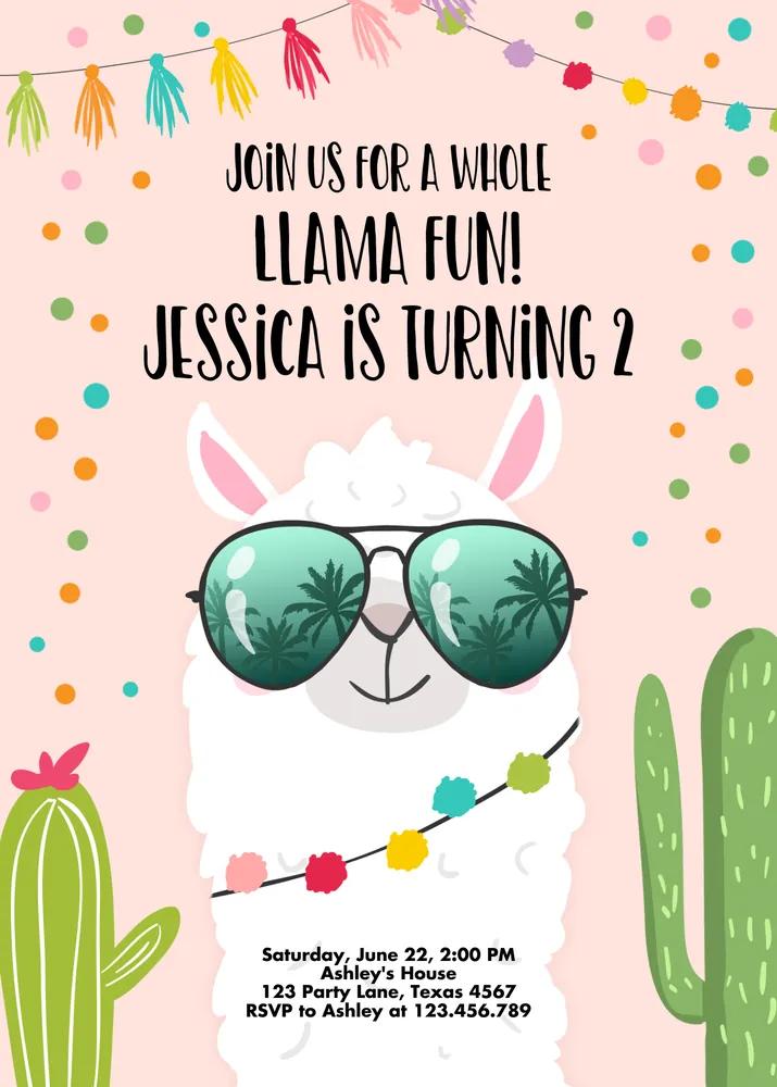 Whole Llama Fun Birthday Invitation | Editable Canva Template Pink Girl Fiesta