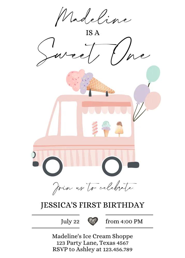 Ice Cream Truck Birthday Invitation | Sweet One 1st Birthday Canva Template