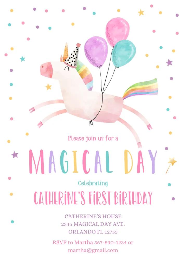 Unicorn Birthday Invitation Template | Magical Girl First Birthday Pink Rainbow