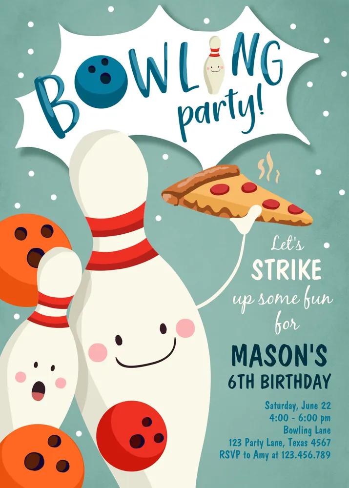 Bowling Birthday Invitation Boy Strike Up Some Fun Canva Template Pizza Party