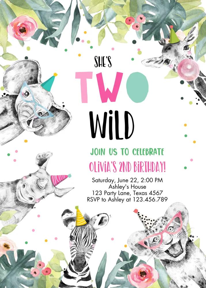 Two Wild Birthday Invitation Pink Gold Girl Safari Animals Canva Template