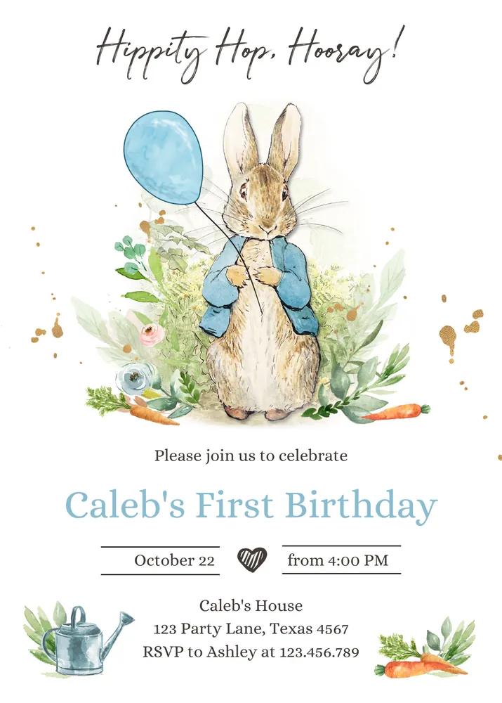 Peter Rabbit 1st Birthday Invitation, Blue Rustic Boy Editable Canva Template